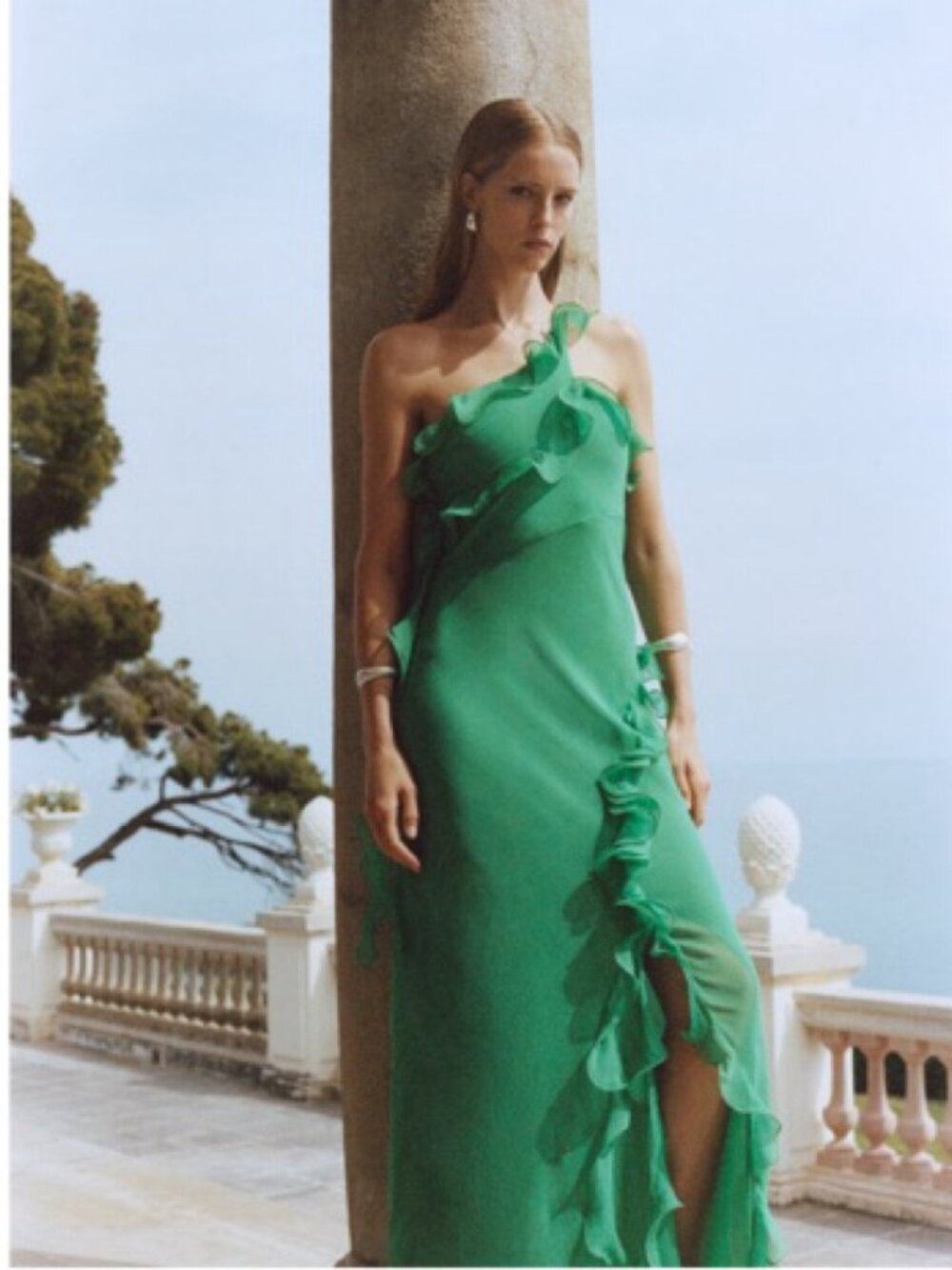 Green Flowy Ruffle One Shoulder Maxi Dress Silky Chiffon Size 6